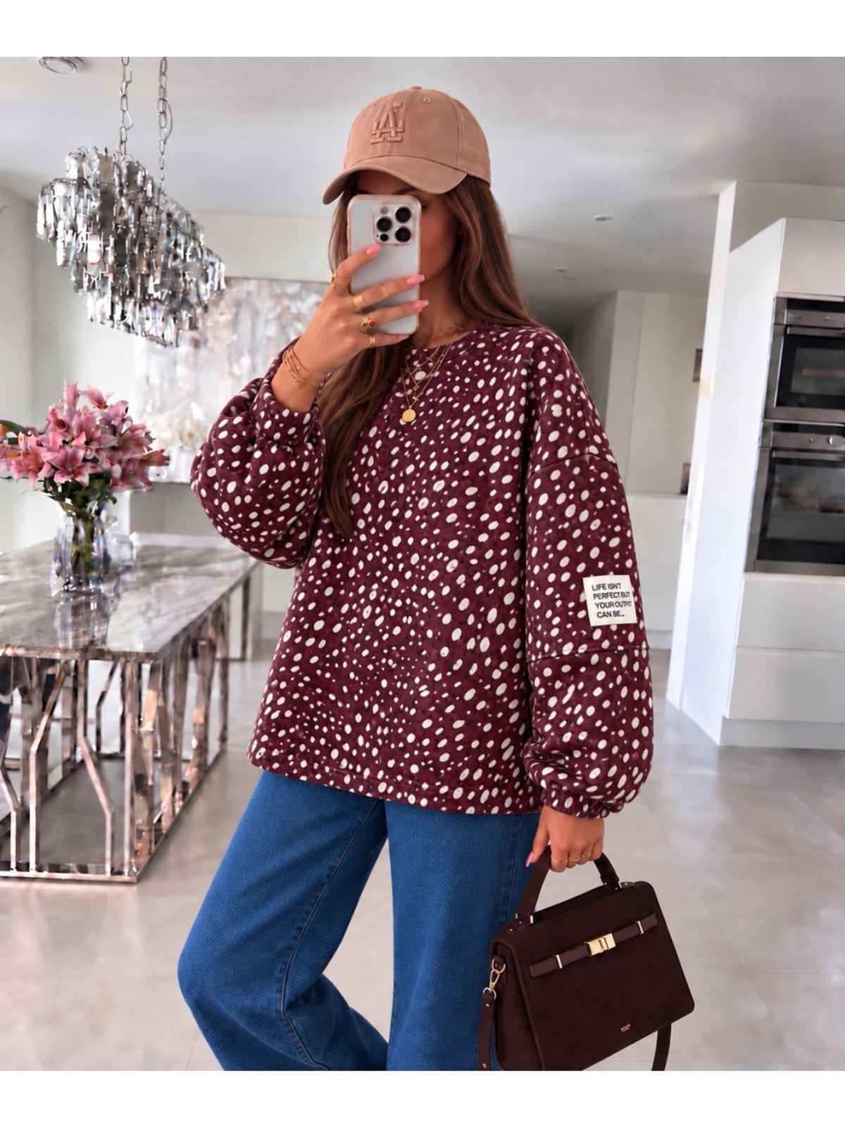 Pull oversize imprimé biche et patch bordeaux pour femme, La Chica