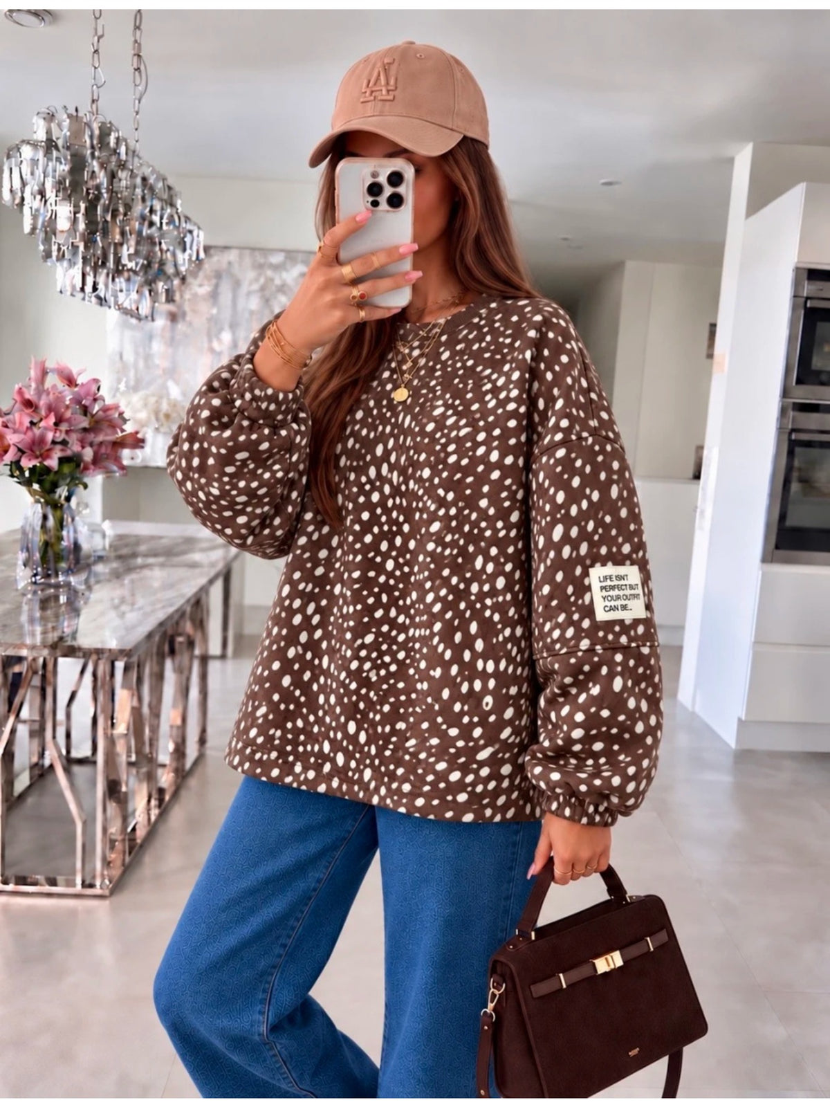 Pull oversize imprimé biche et patch marron foncé pour femme, La Chica