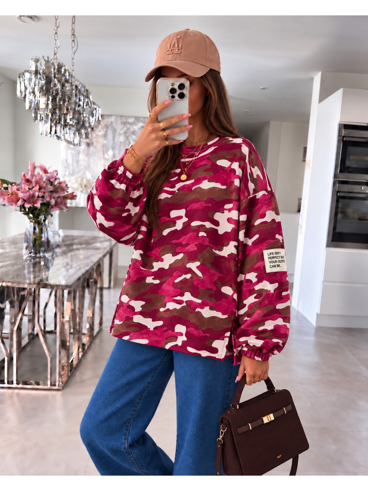 Pull oversize imprimé camouflage et patch bordeaux pour femme, La Chica