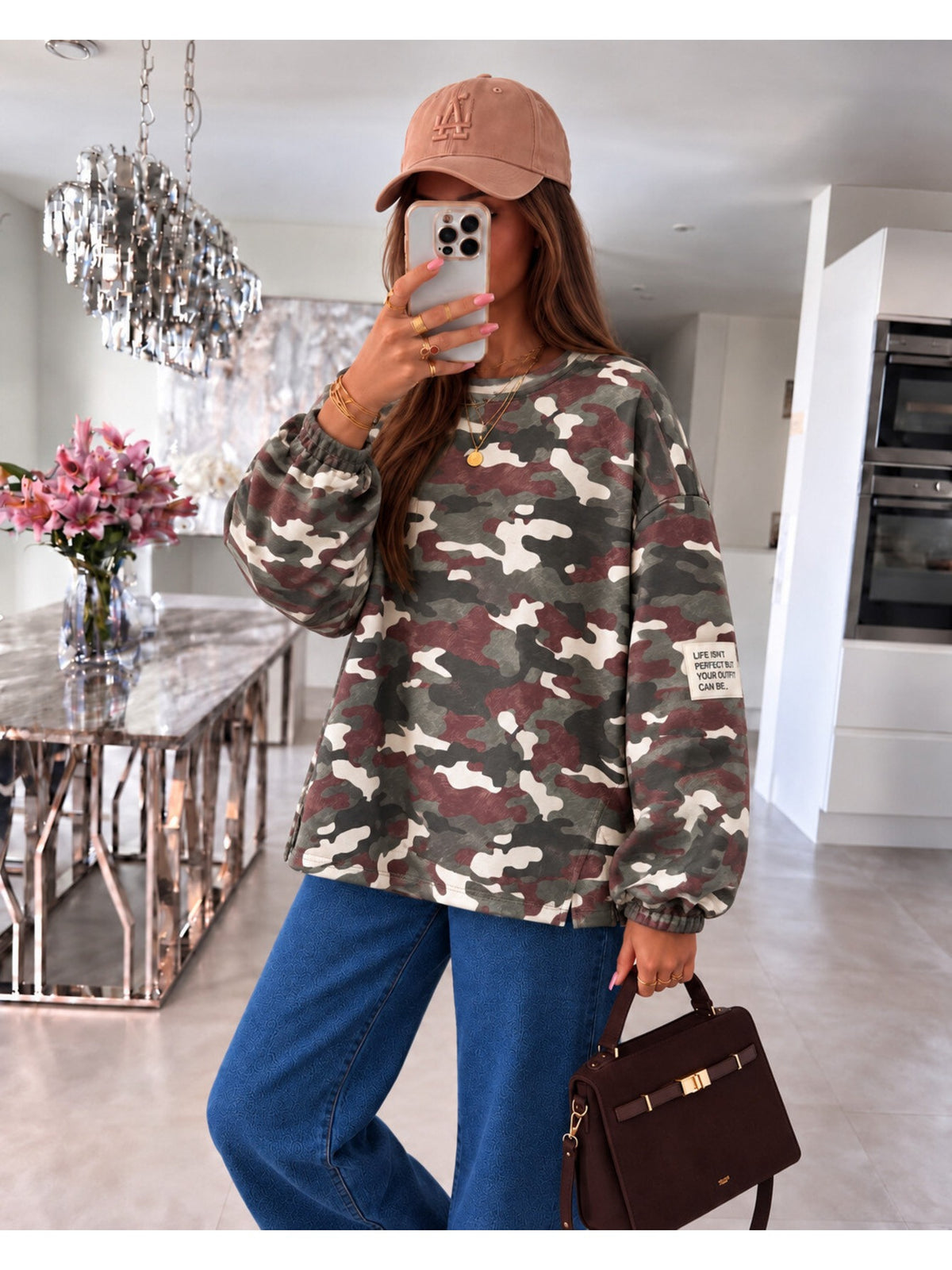 Pull oversize imprimé camouflage et patch kaki pour femme, La Chica