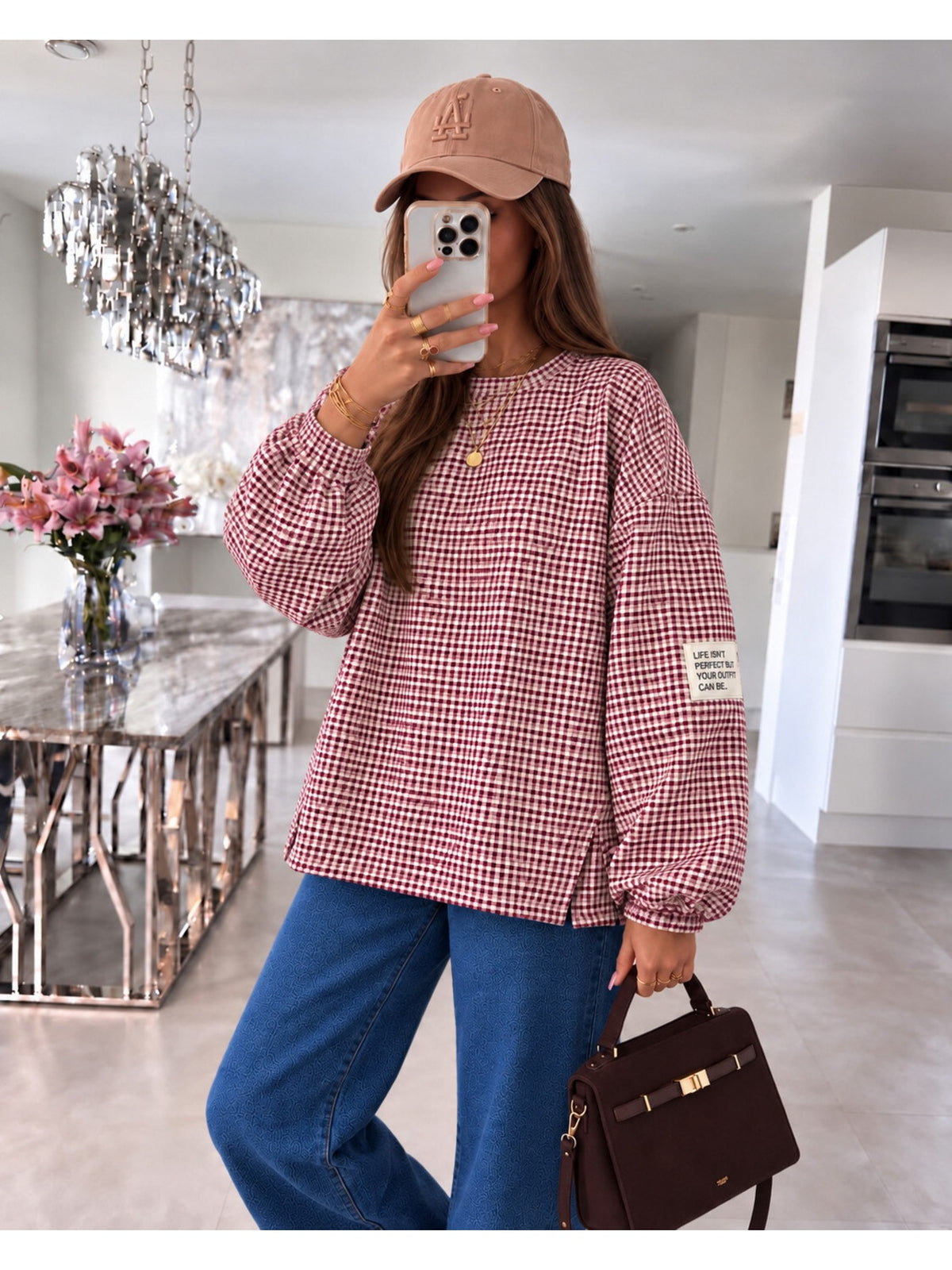 Pull oversize imprimé carreaux et patch bordeaux pour femme, La Chica