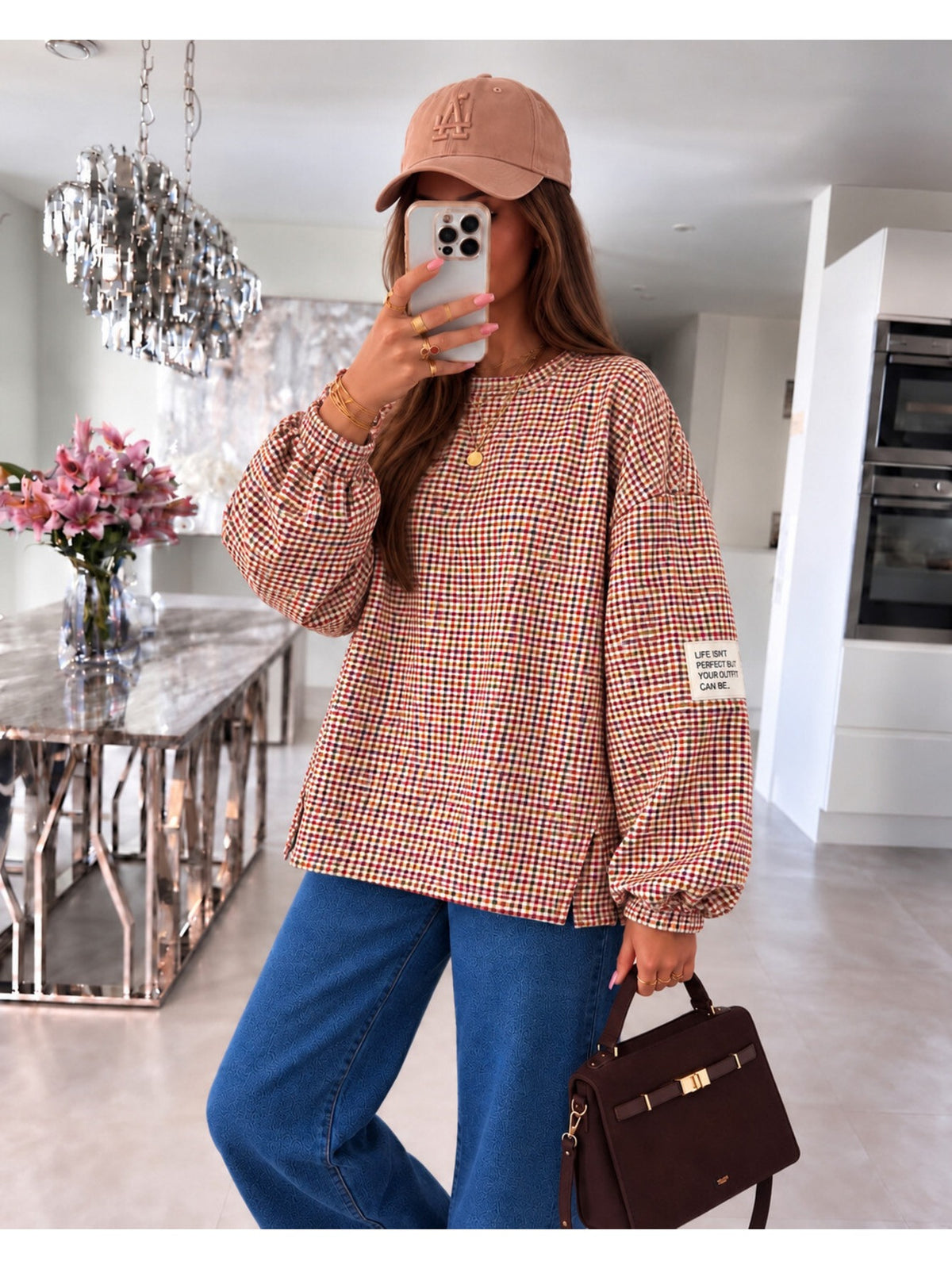 Pull oversize imprimé carreaux et patch camel pour femme, La Chica
