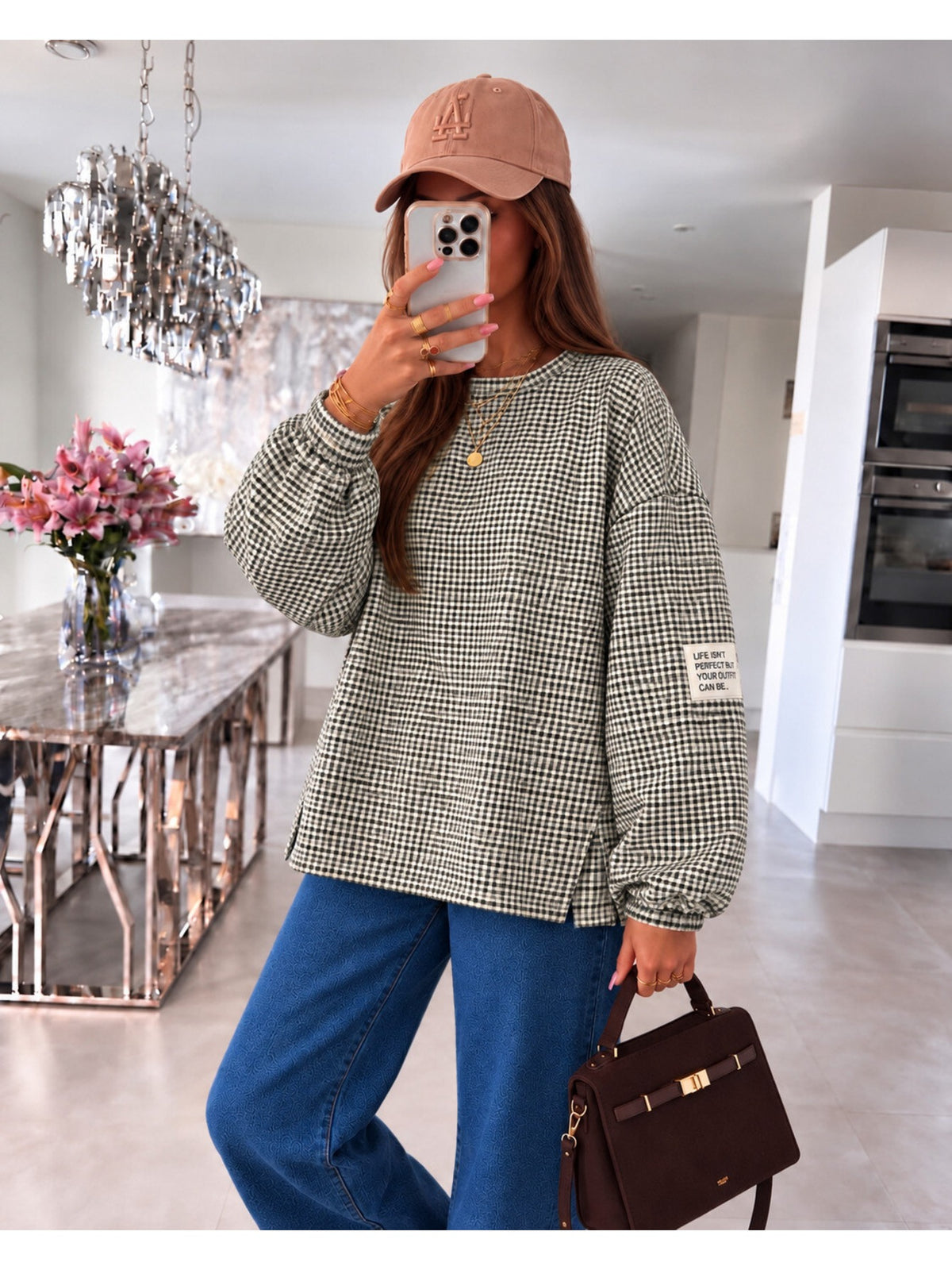 Pull oversize imprimé carreaux et patch kaki pour femme, La Chica