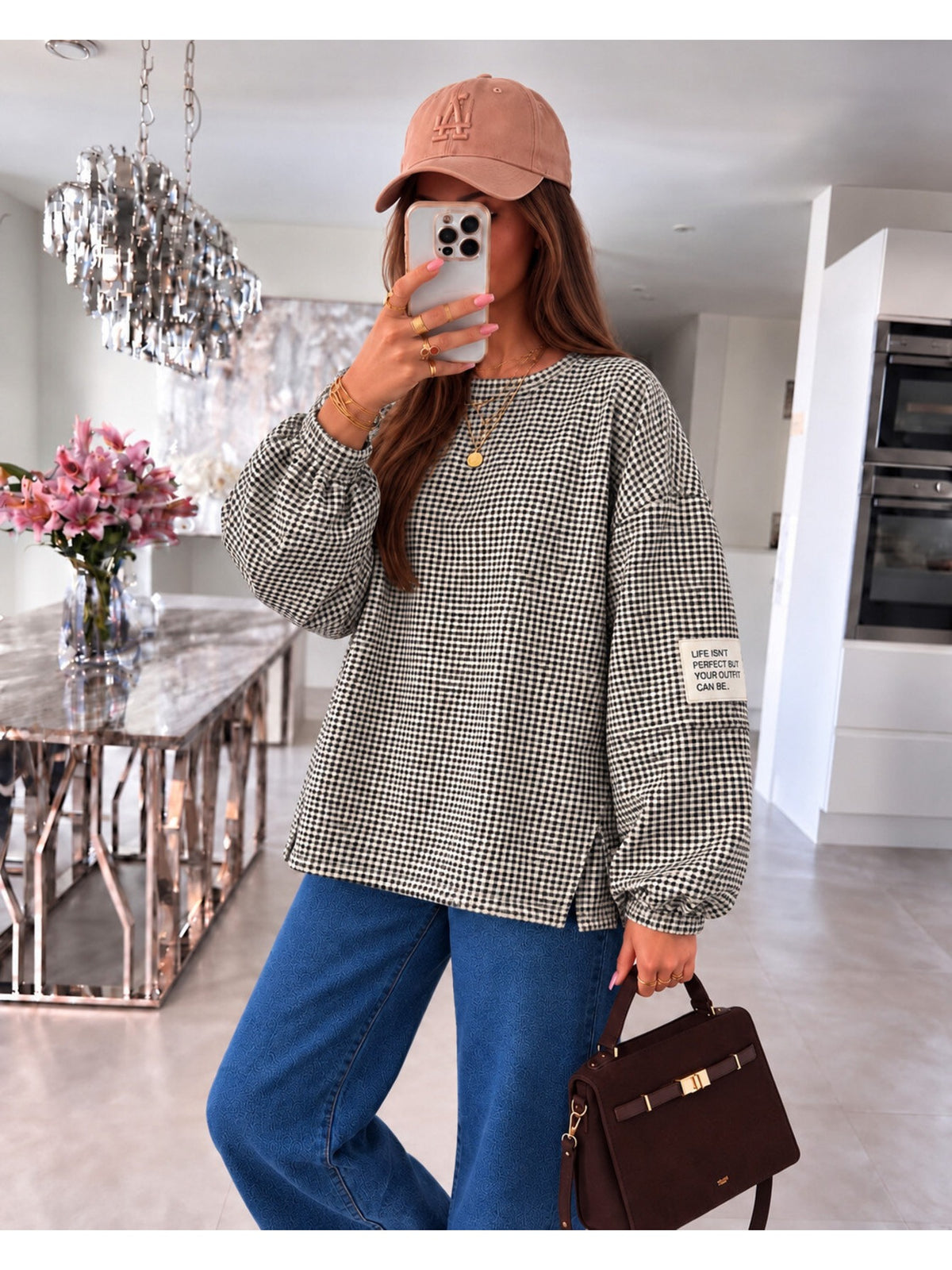 Pull oversize imprimé carreaux et patch marine pour femme, La Chica