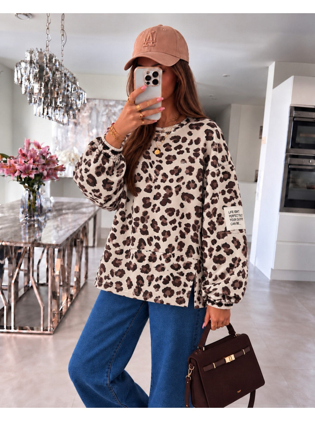 Pull oversize imprimé léopard et patch beige pour femme, La Chica