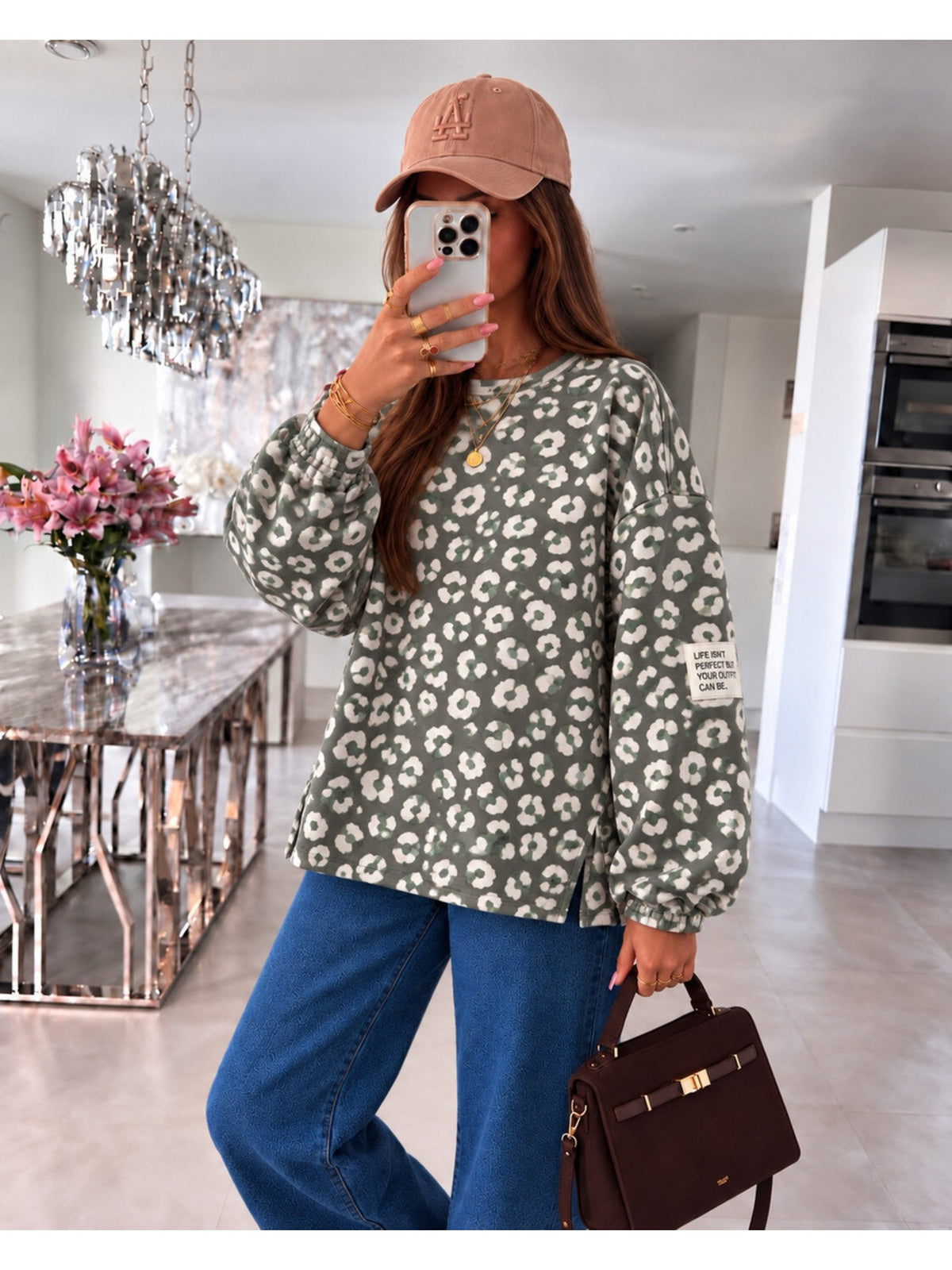 Pull oversize imprimé léopard et patch kaki pour femme, La Chica