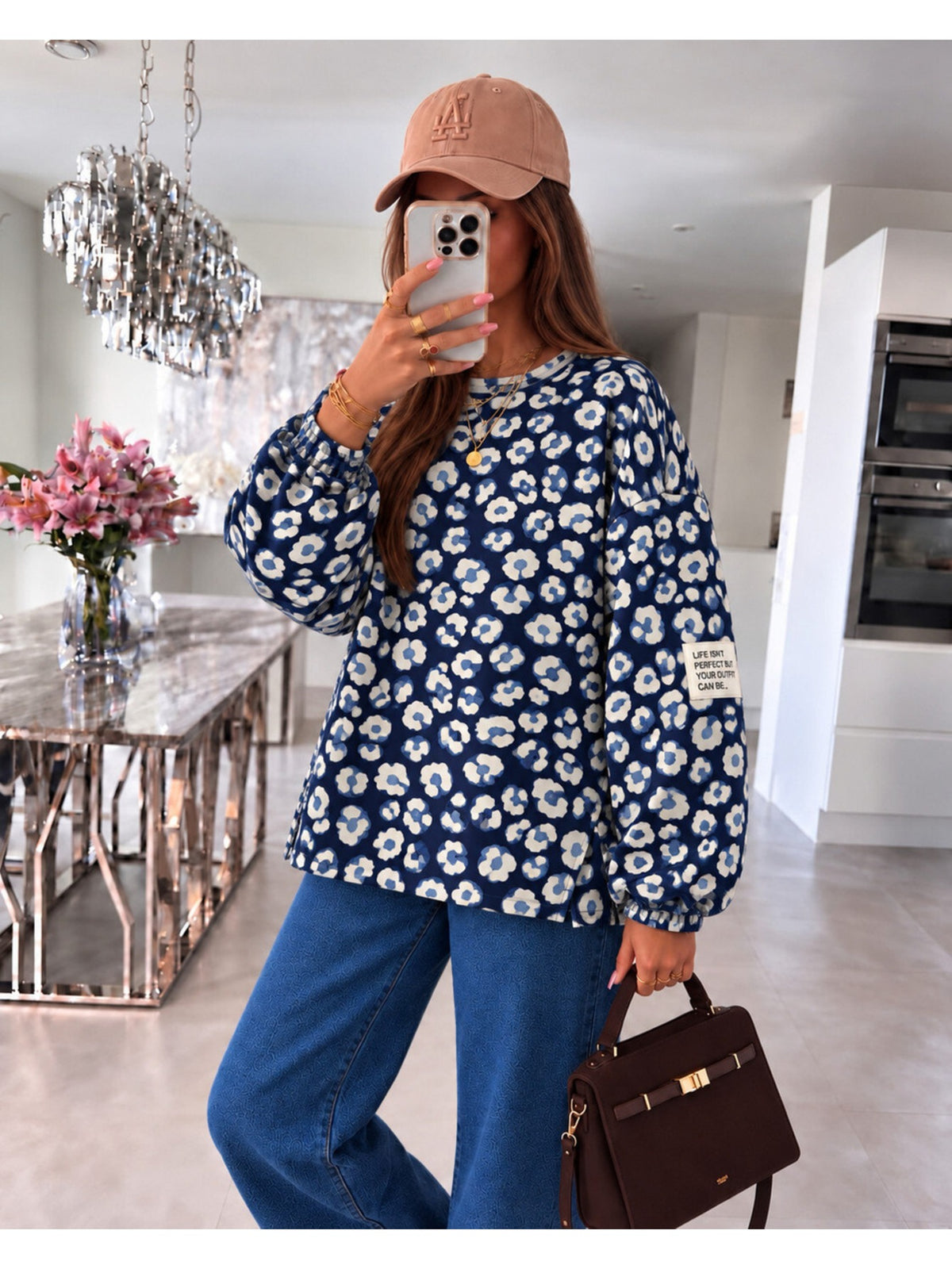Pull oversize imprimé léopard et patch marine pour femme, La Chica