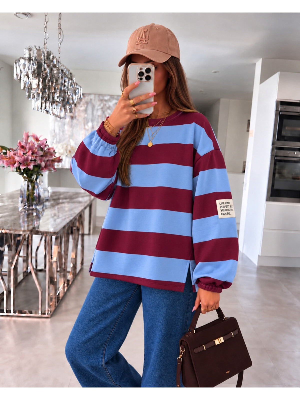 Pull oversize larges rayures et patch bordeaux pour femme, La Chica