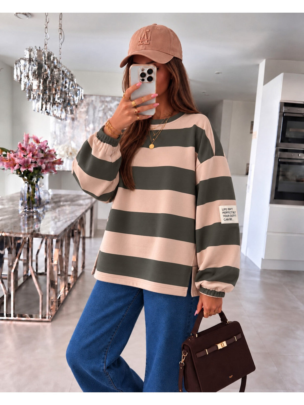 Pull oversize larges rayures et patch kaki pour femme, La Chica
