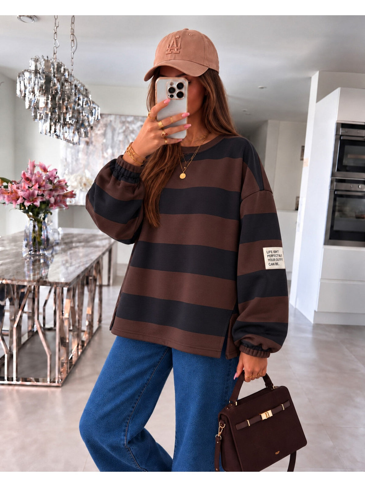 Pull oversize larges rayures et patch noir pour femme, La Chica