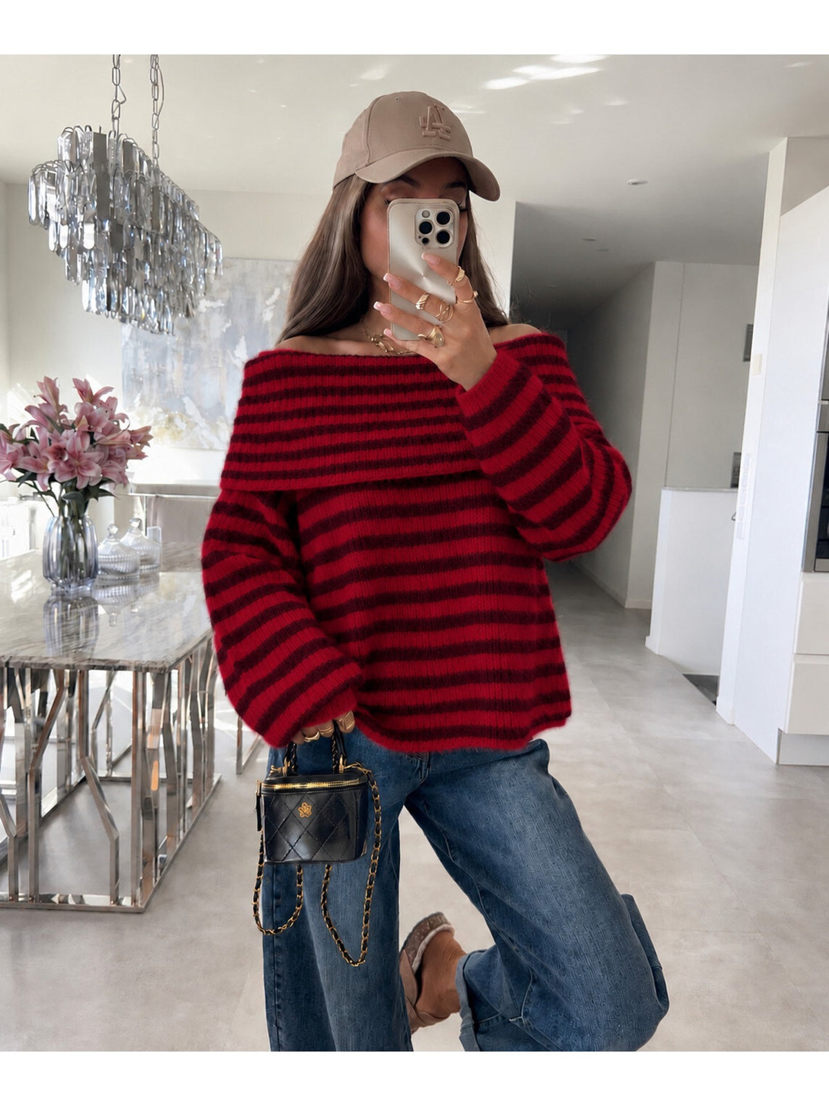 Pull oversize rayé col bardot modulable manches longues bordeaux pour femme, La Chica