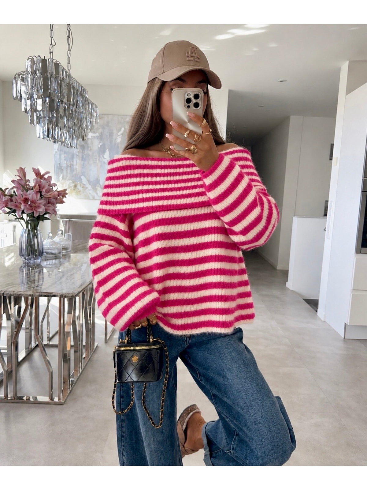 Pull oversize rayé col bardot modulable manches longues fuchsia pour femme, La Chica