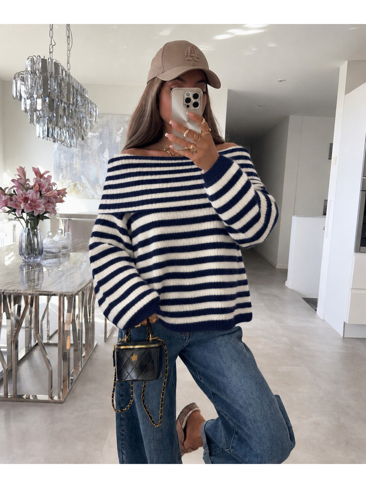Pull oversize rayé col bardot modulable manches longues marine pour femme, La Chica