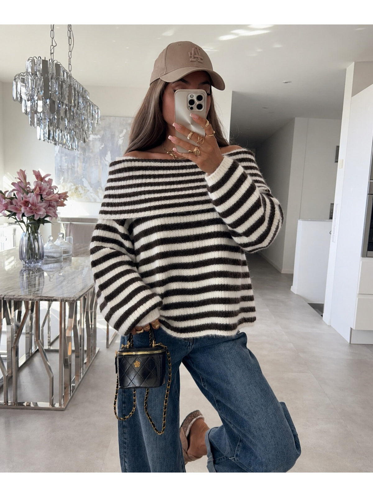 Pull oversize rayé col bardot modulable manches longues noir pour femme, La Chica