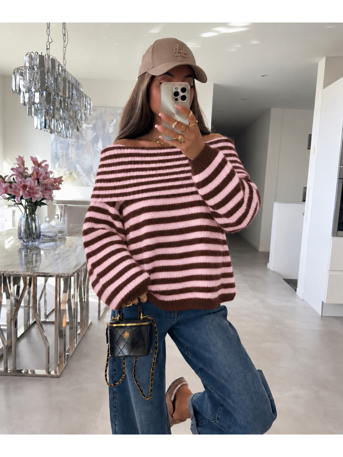 Pull oversize rayé col bardot modulable manches longues rose pour femme, La Chica