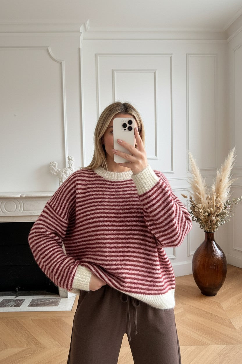 Pull à Rayures ✦ Bordeaux & Écru ✦ Douceur Oversize & Élégance Cocooning La Chica