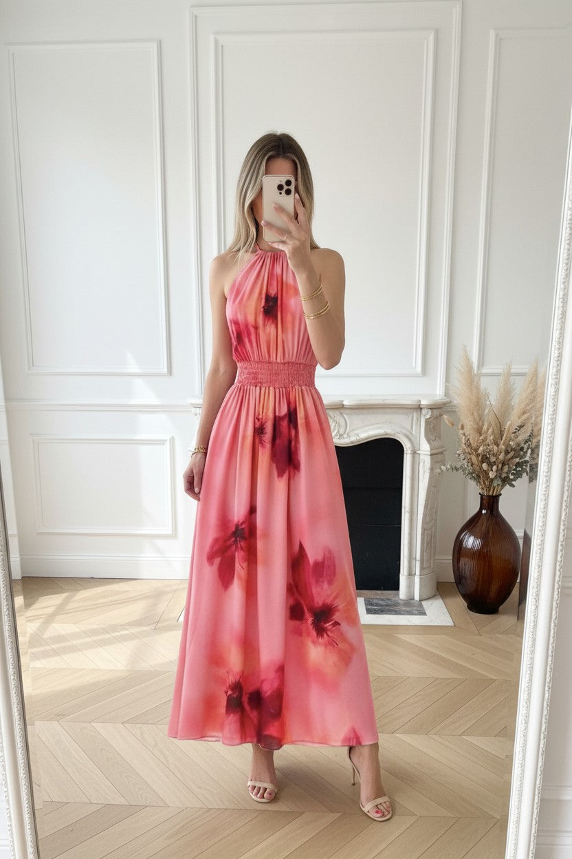 Robe Longue Imprimée ✦ Corail ✦ Élégance Douce & Féminine La Chica