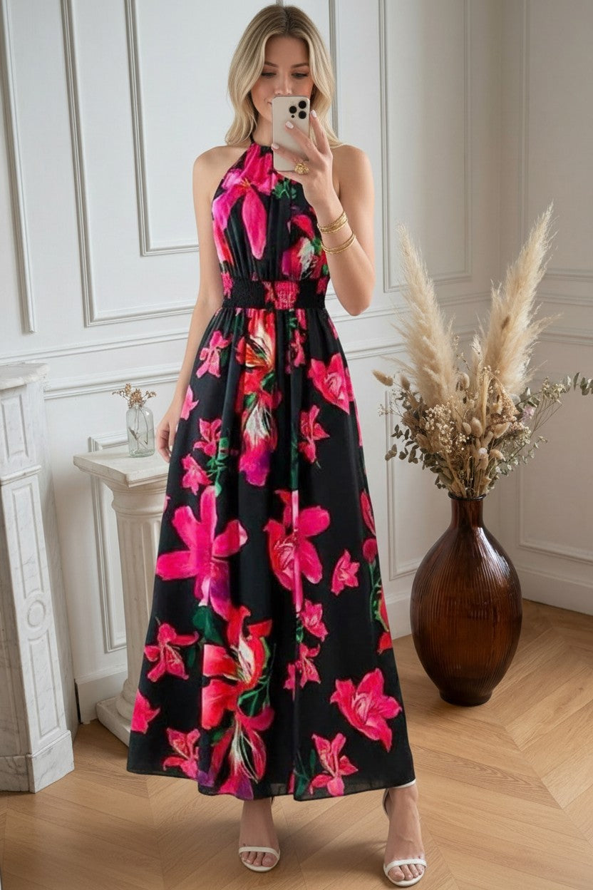 Robe Longue Fleurie ✦ Noir & Rose ✦ Élégance Chic & Romantique La Chica