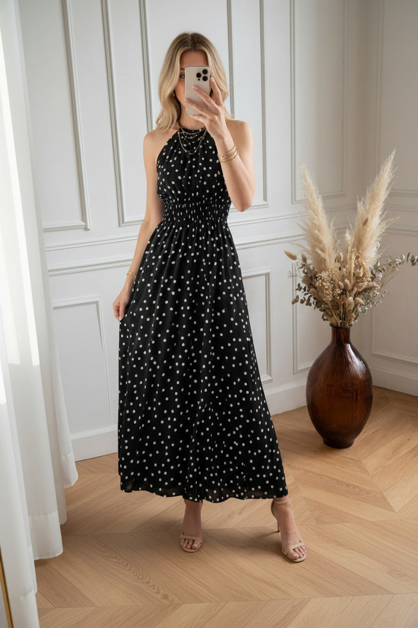 Robe Longue à Pois ✦ Noir & Blanc ✦ Élégance Intemporelle La Chica