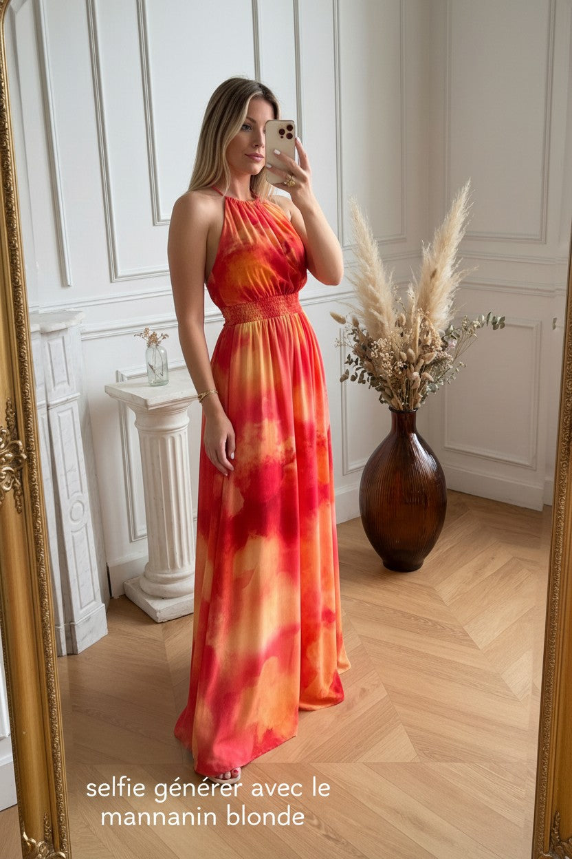 Robe Longue ✦ Dégradé Rouge & Orange ✦ Effet Soleil La Chica