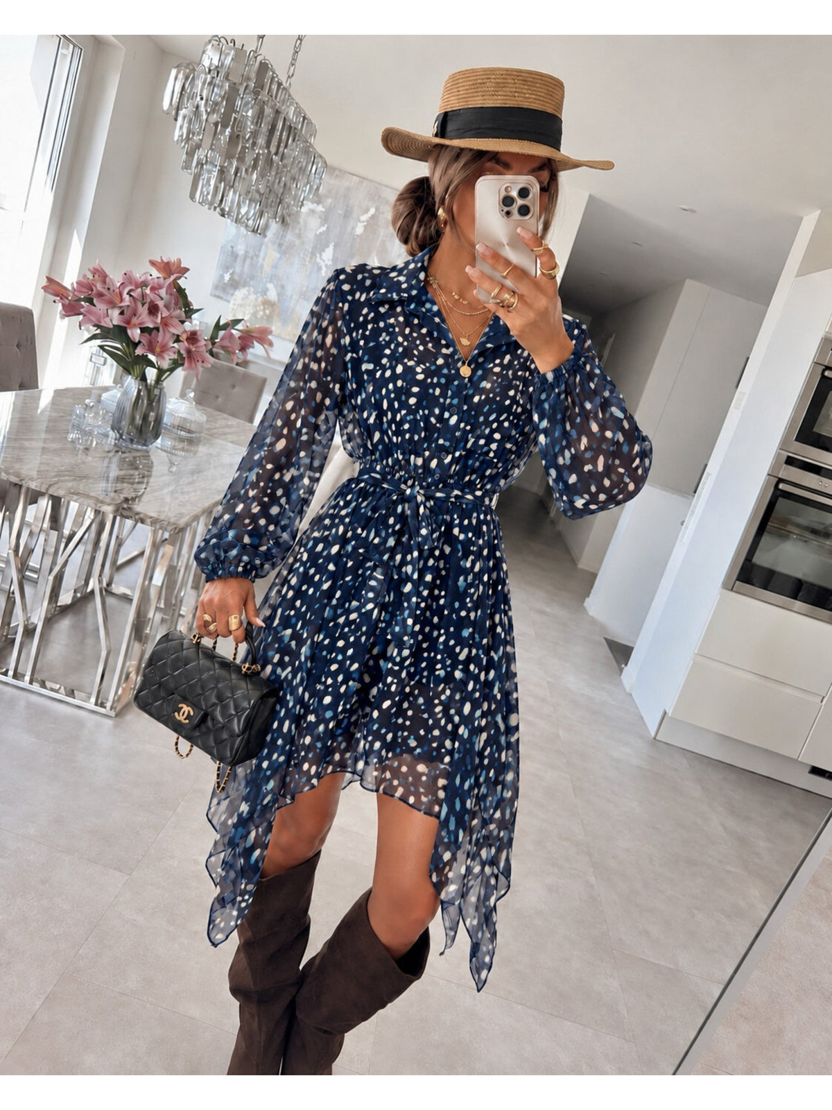 Robe chemise imprimée biche asymétrique avec ceinture marine pour femme, La Chica