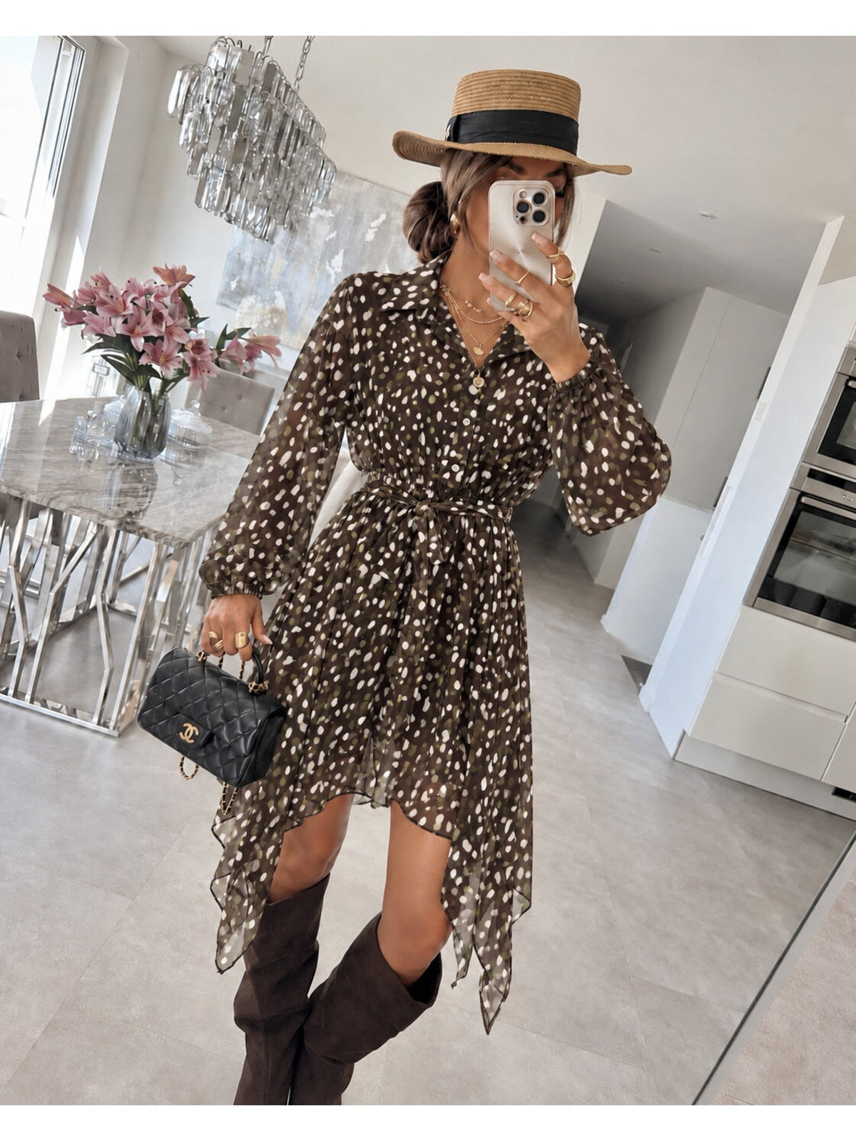 Robe chemise imprimée biche asymétrique avec ceinture marron foncé pour femme, La Chica