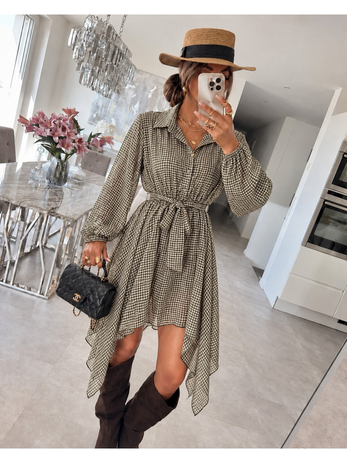 Robe chemise imprimée carreaux asymétrique avec ceinture kaki pour femme, La Chica