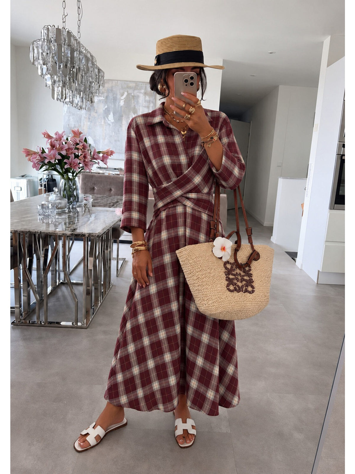 Robe chemise longue à carreaux croisée effet flanelle bordeaux pour femme, La Chica