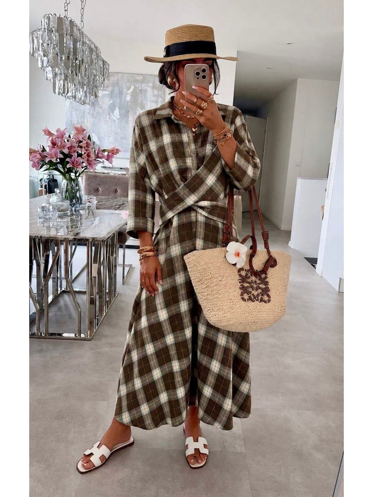 Robe chemise longue à carreaux croisée effet flanelle marron pour femme, La Chica