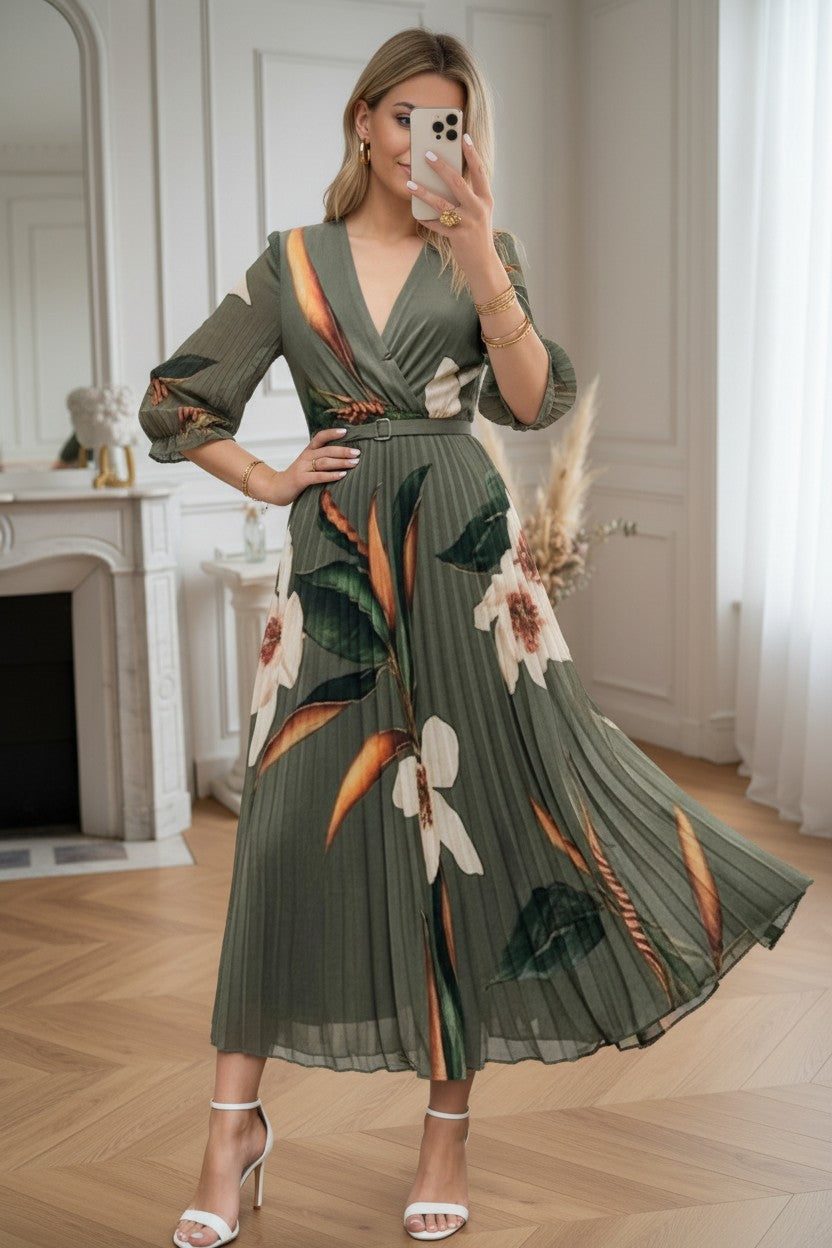 Robe Plissée ✦ Kaki Imprimé ✦ Élégance Naturelle La Chica