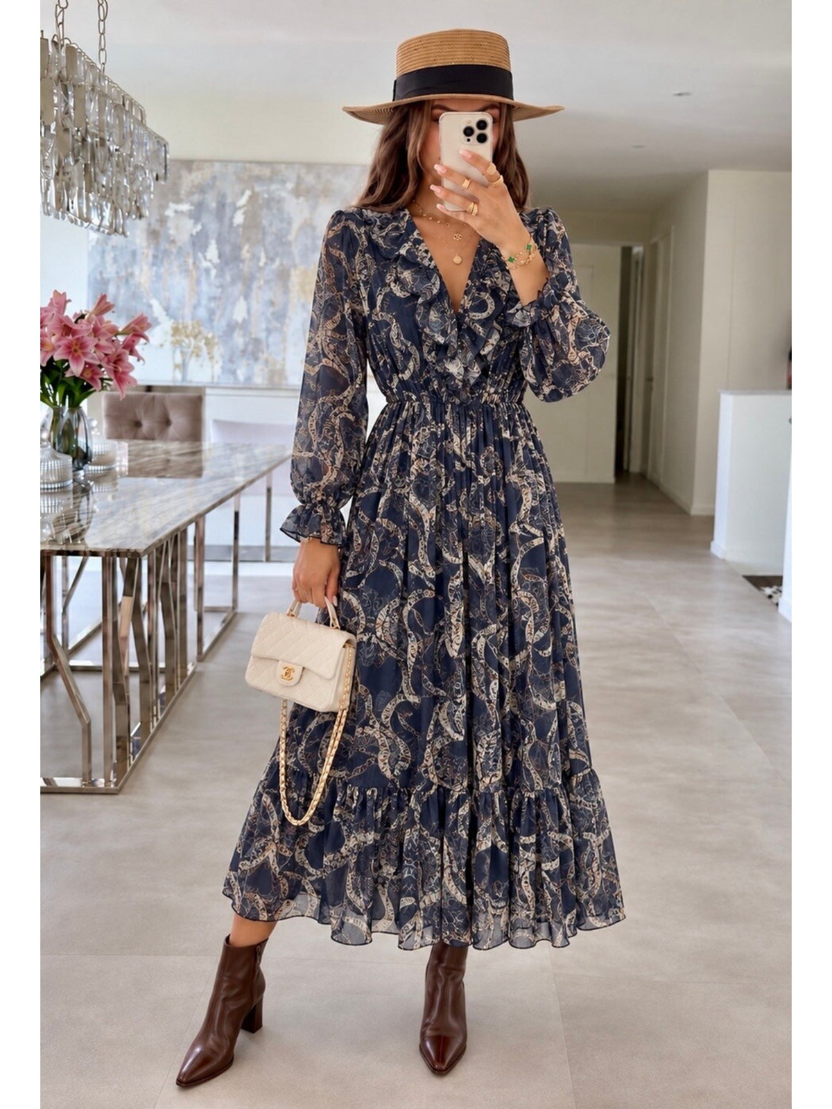 Robe longue en mousseline imprimé paisley à volants marine pour femme, La Chica