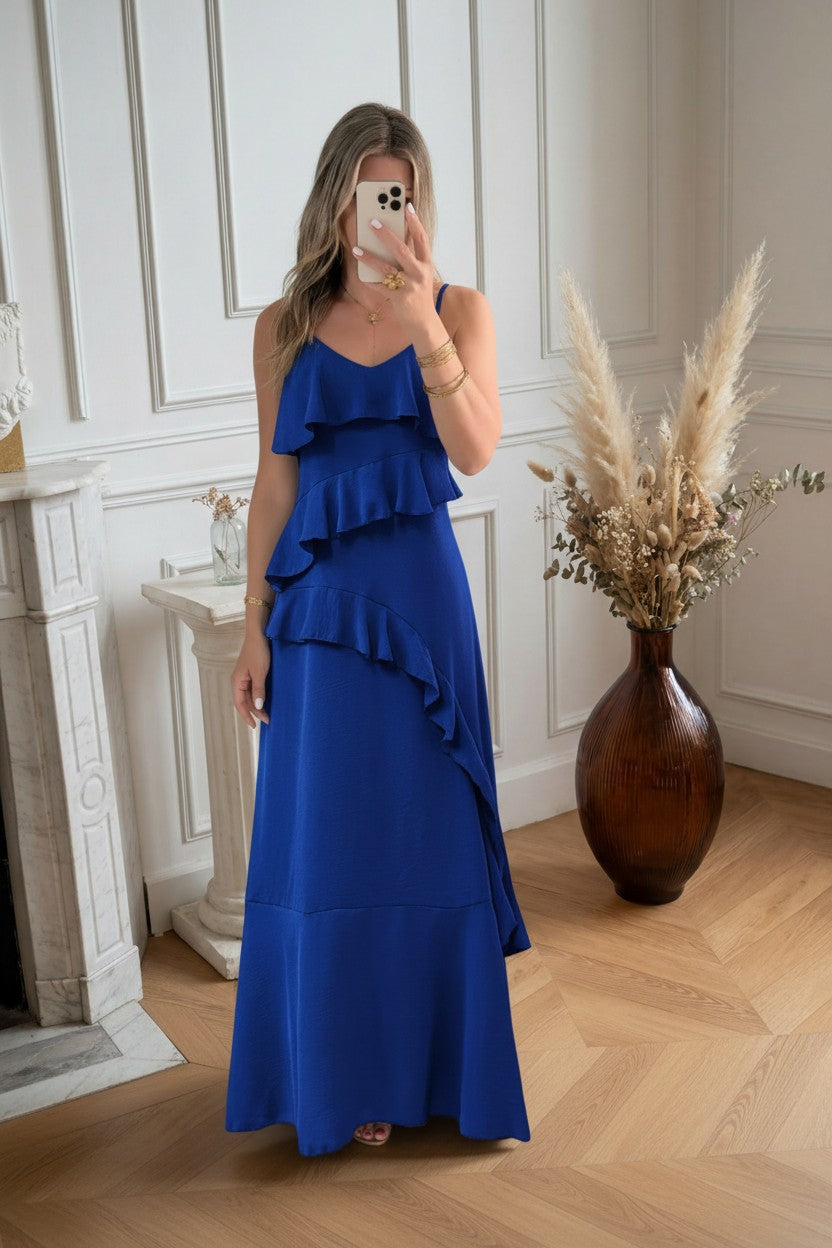 Robe Longue à Volants ✦ Bleu Roi ✦ Élégance Fluide & Féminine La Chica