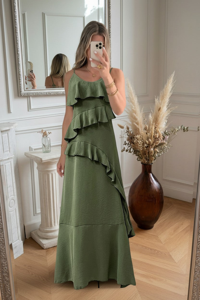Robe Longue à Volants ✦ Kaki ✦ Élégance Naturelle & Fluide La Chica