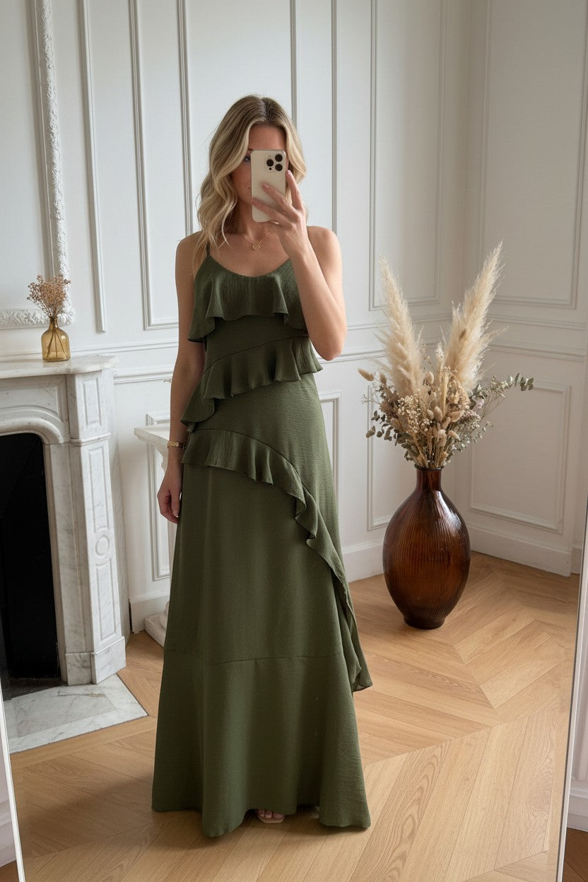 Robe Longue à Volants ✦ Kaki ✦ Élégance Naturelle & Fluide La Chica