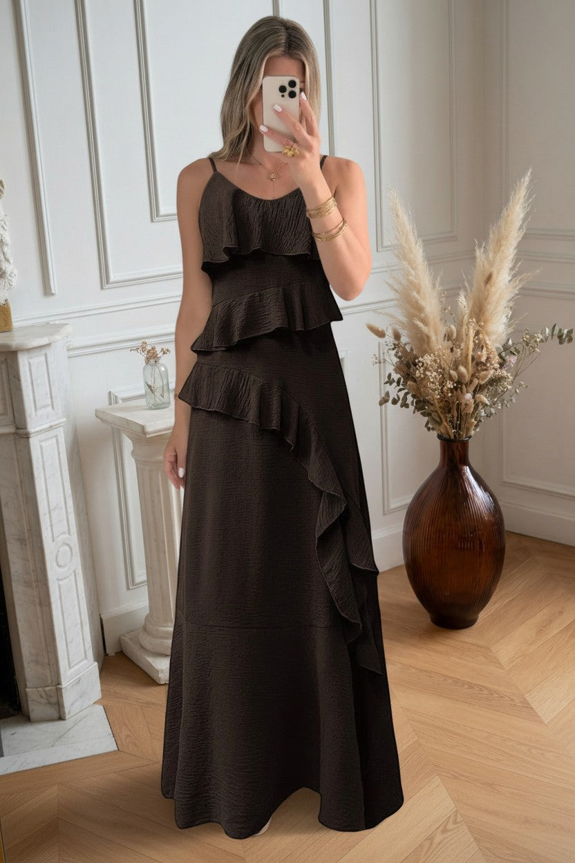 Robe Longue à Volants ✦ Marron Foncé ✦ Élégance Fluide & Raffinée La Chica