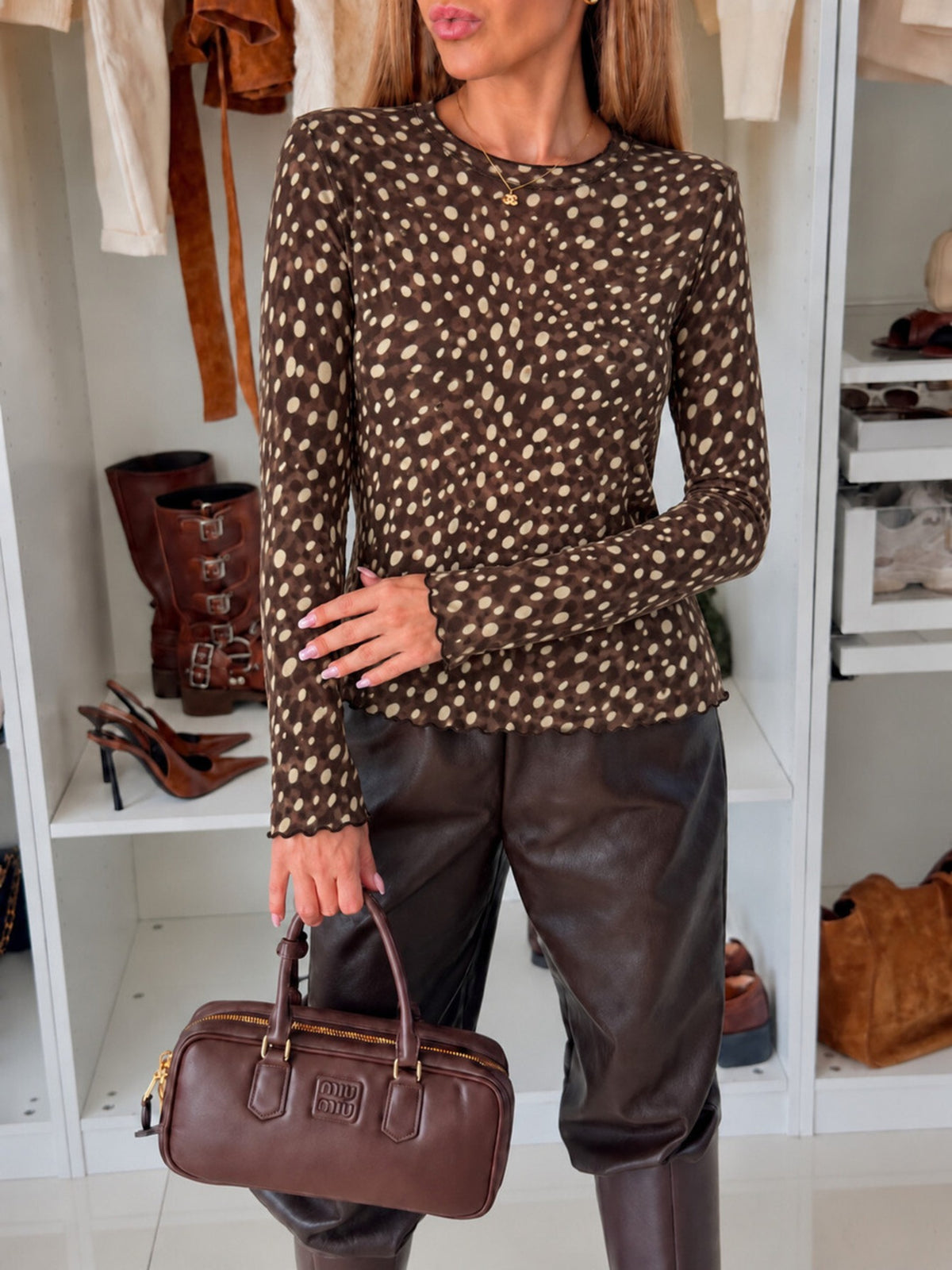 Top en cachemire imprimé biche manches longues marron foncé pour femme, La Chica