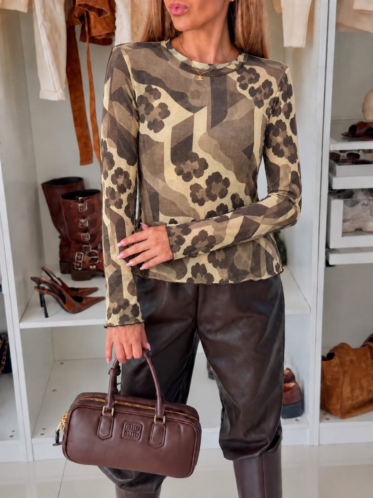 Top en cachemire imprimé léopard graphique manches longues beige pour femme, La Chica