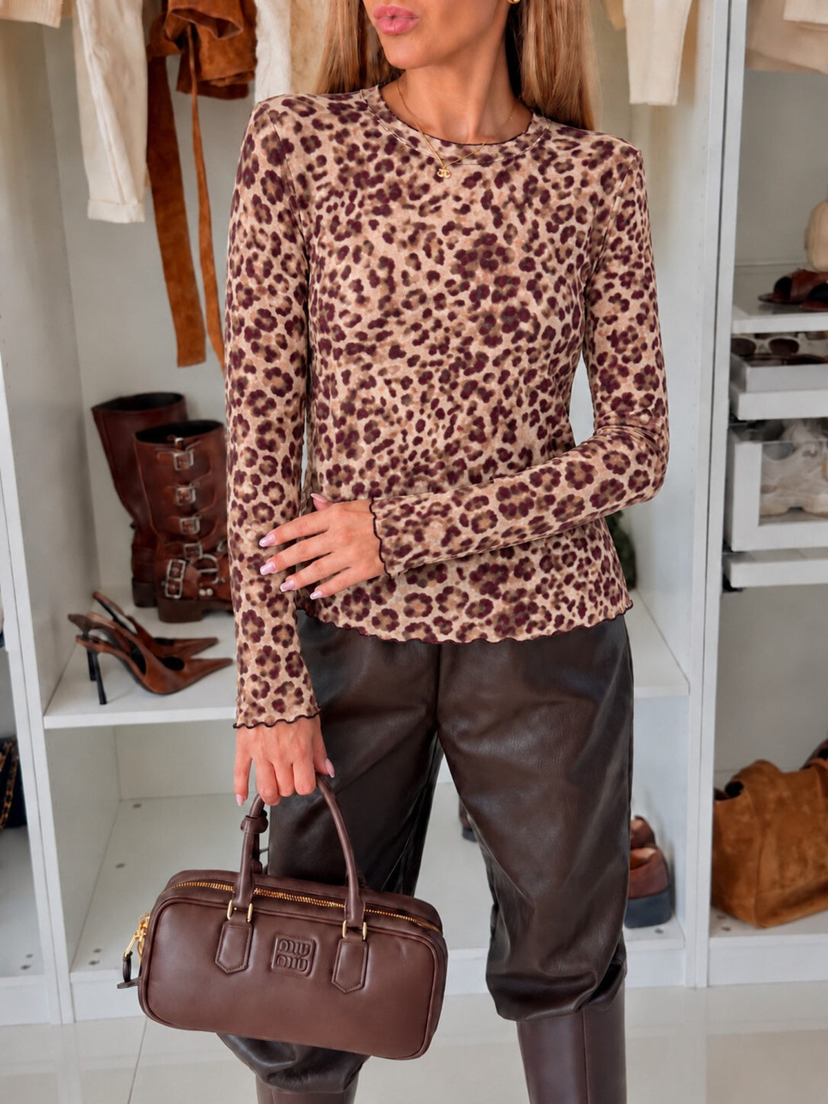 Top en cachemire imprimé léopard manches longues bordeaux pour femme, La Chica