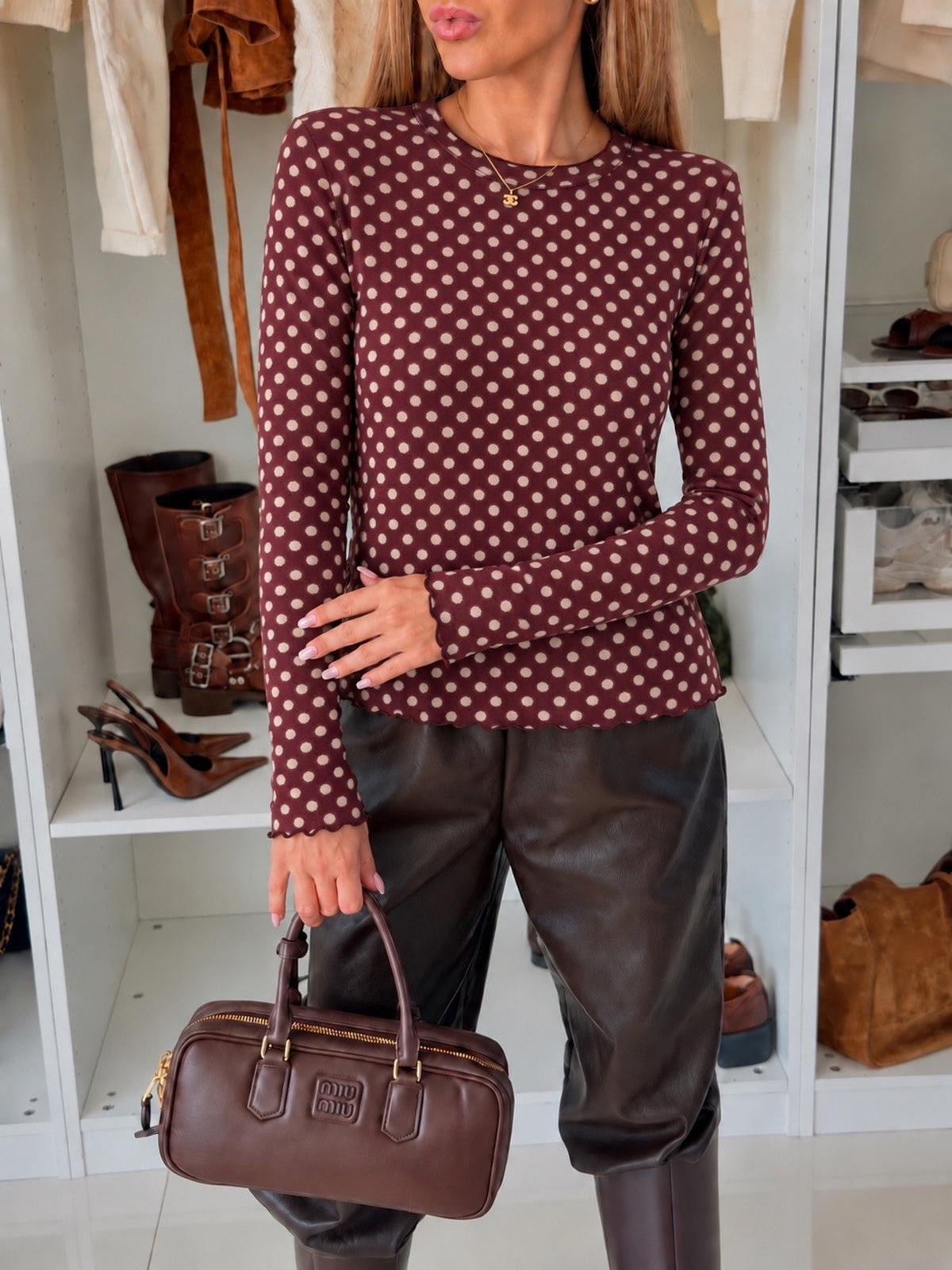 Top en cachemire imprimé mini motifs manches longues bordeaux pour femme, La Chica
