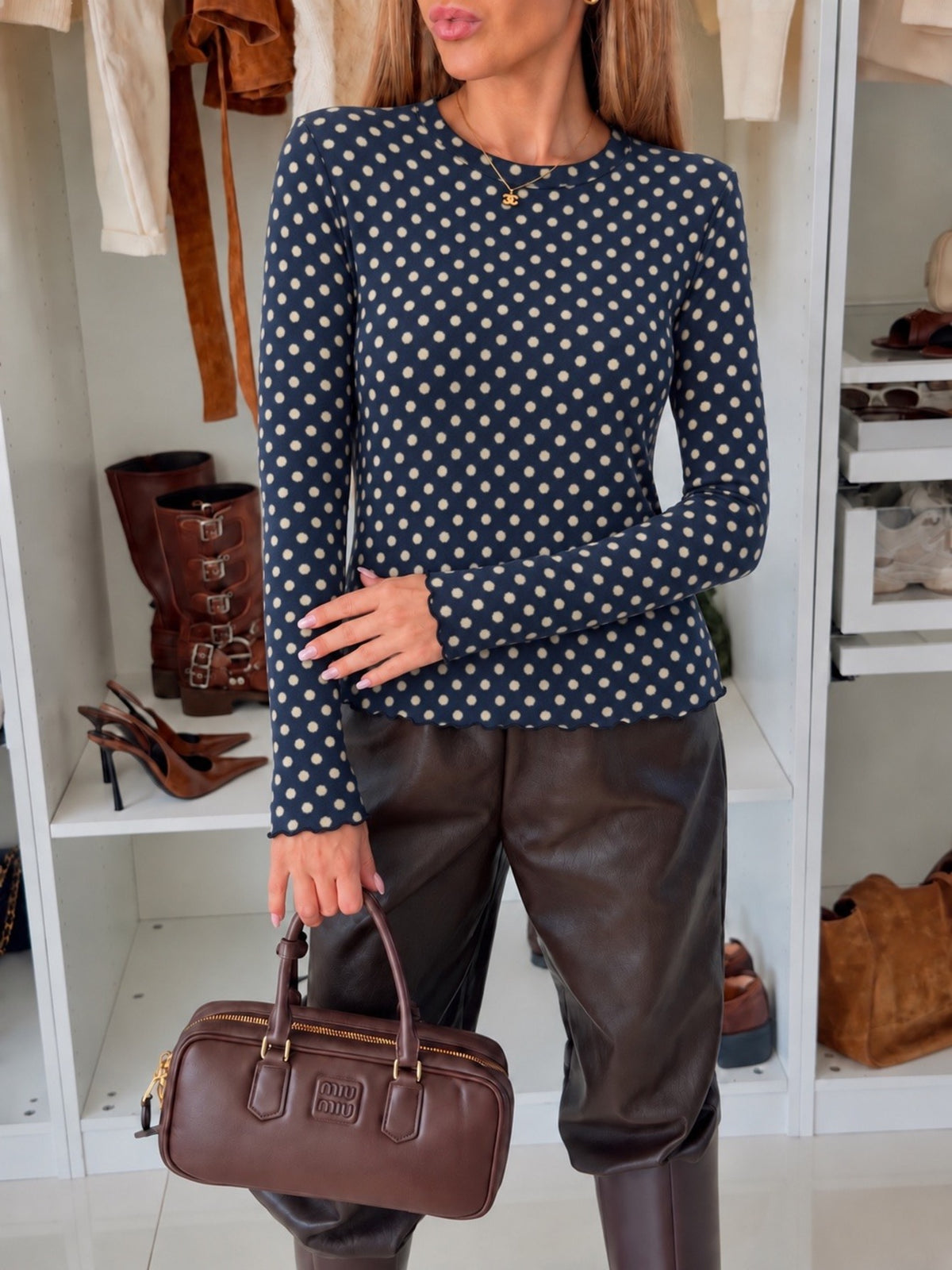 Top en cachemire imprimé mini motifs manches longues marine pour femme, La Chica