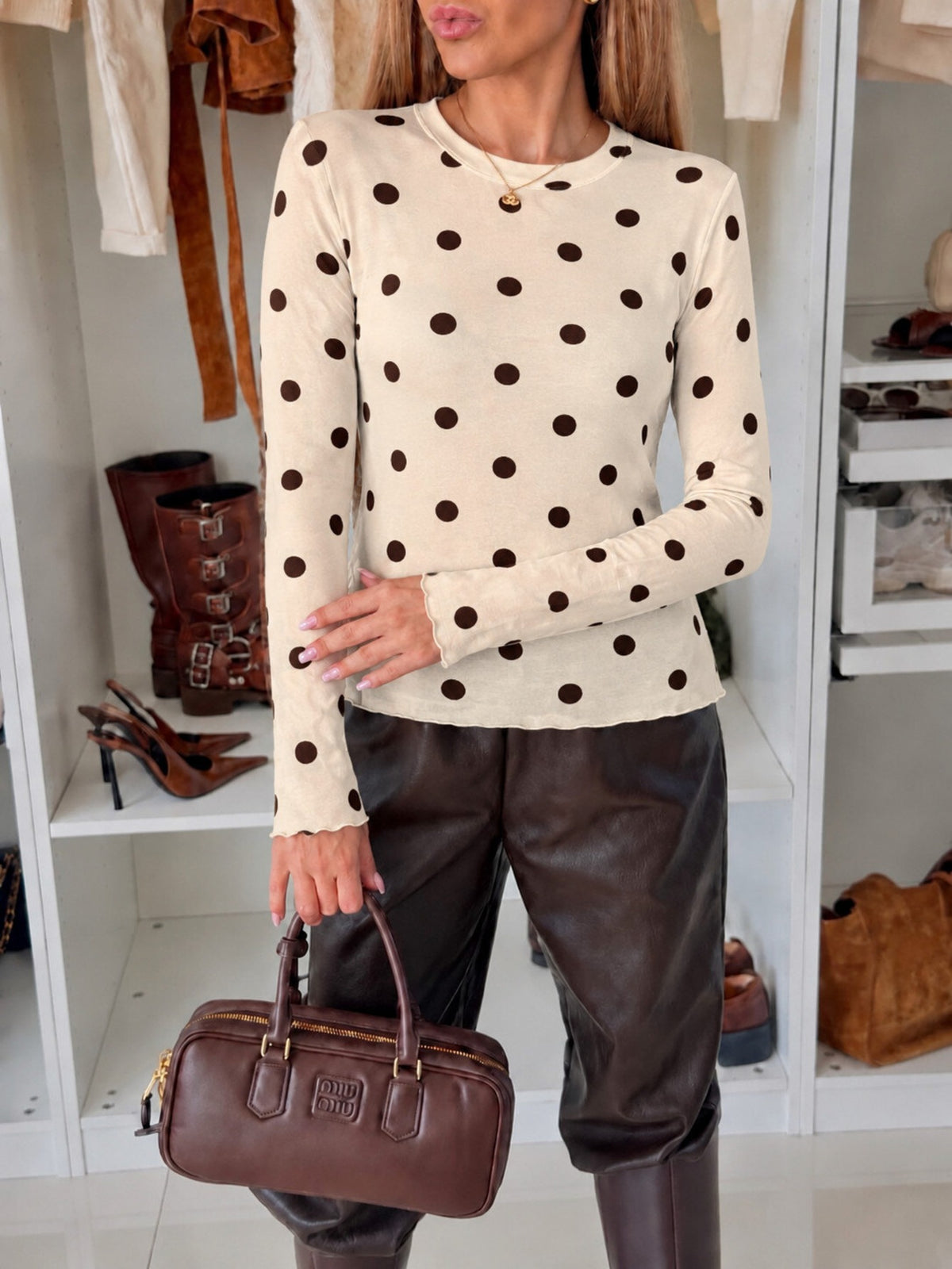 Top en cachemire imprimé pois manches longues blanc pour femme, La Chica