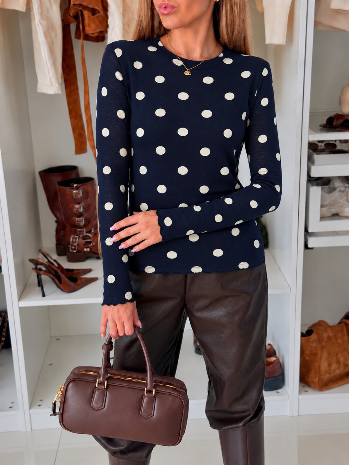Top en cachemire imprimé pois manches longues marine pour femme, La Chica
