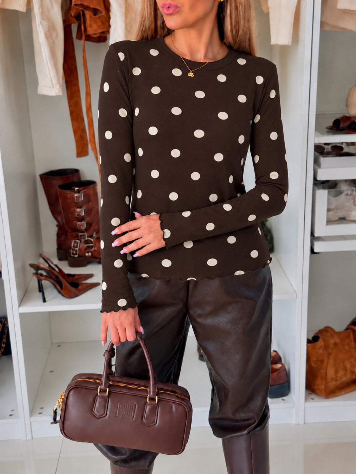 Top en cachemire imprimé pois manches longues marron foncé pour femme, La Chica
