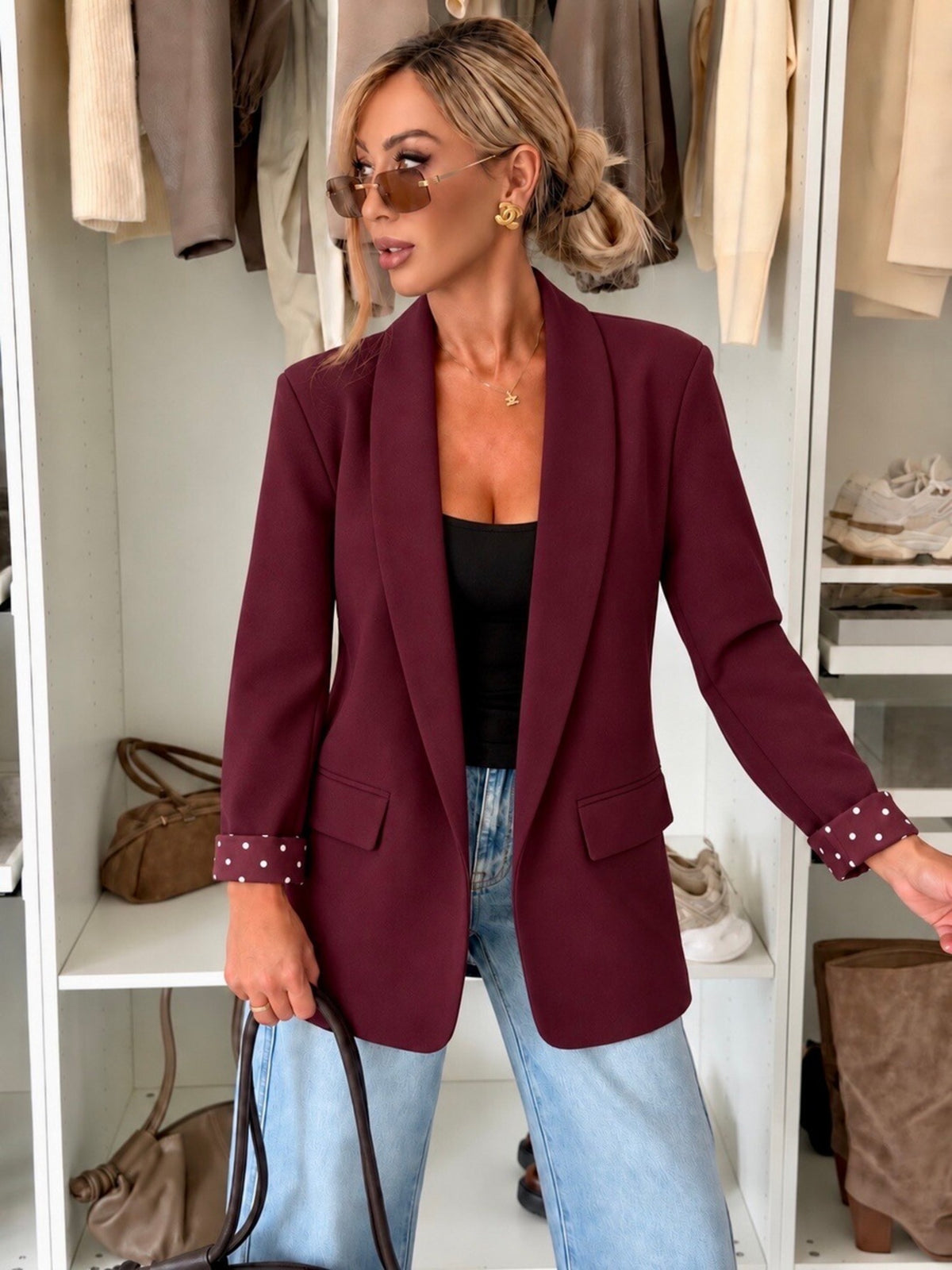 Veste blazer à revers pois avec doublure bordeaux pour femme, La Chica