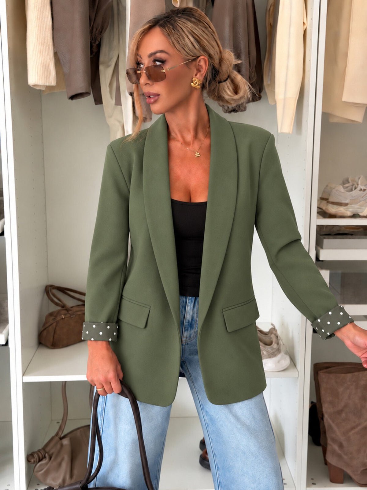 Veste blazer à revers pois avec doublure kaki pour femme, La Chica