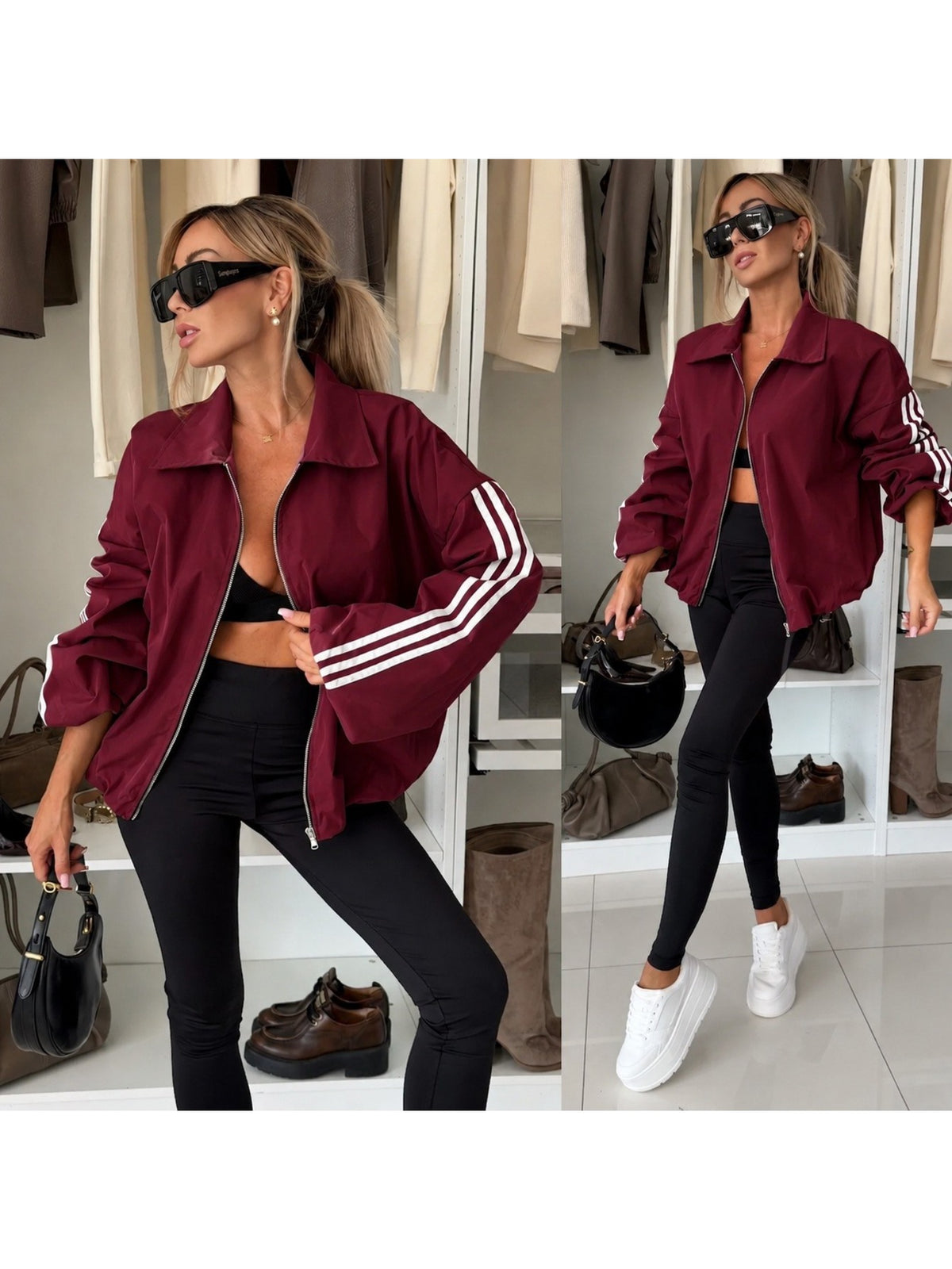 Veste bomber à bandes contrastantes et fermeture zippée bordeaux pour femme, La Chica, vue 2