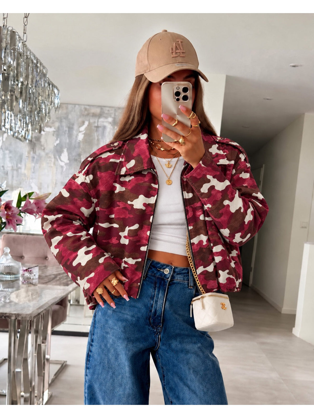Veste bomber imprimé camouflage col chemise zippée bordeaux pour femme, La Chica