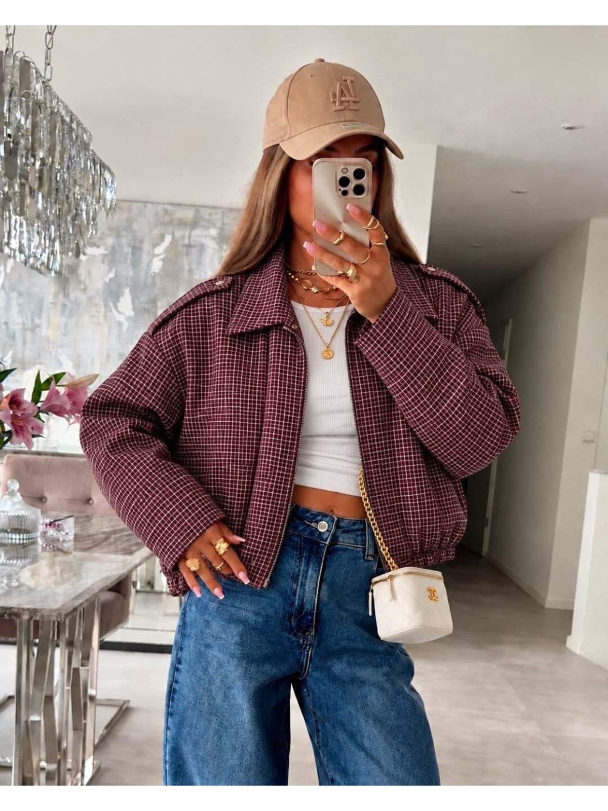 Veste bomber imprimé pied-de-poule col chemise zippée bordeaux pour femme, La Chica