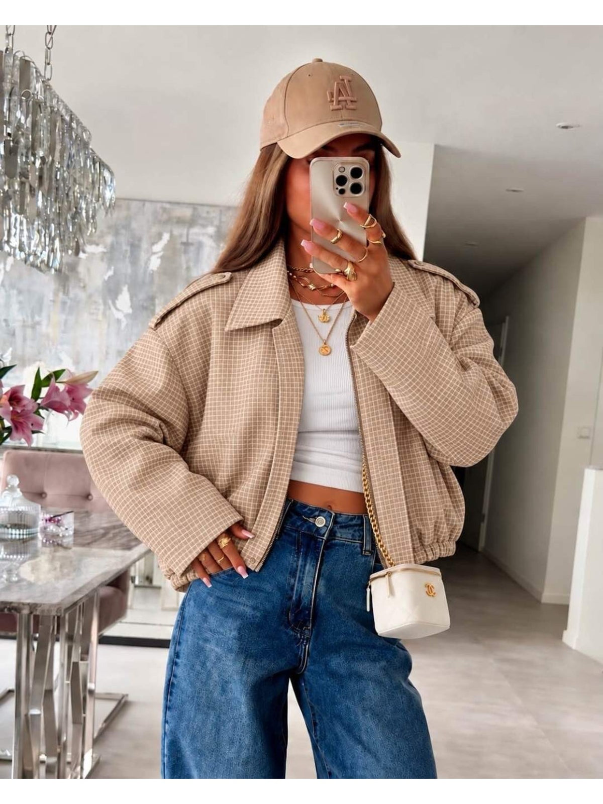 Veste bomber imprimé pied-de-poule col chemise zippée camel pour femme, La Chica