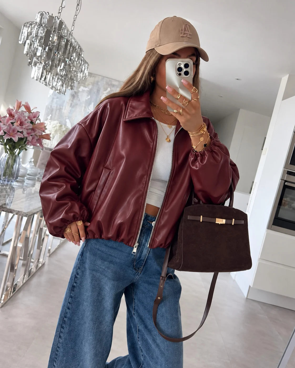 Veste bomber oversize en similicuir bordeaux pour femme – La Chica